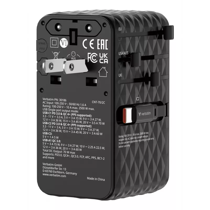 Verbatim Charge 'n' Travel 70W 2C chowany uniwersalny adapter podróżny, czarny