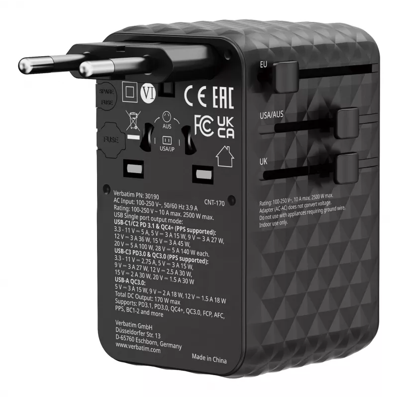 Verbatim Charge 'n' Travel 170W Uniwersalny adapter podróżny Czarny
