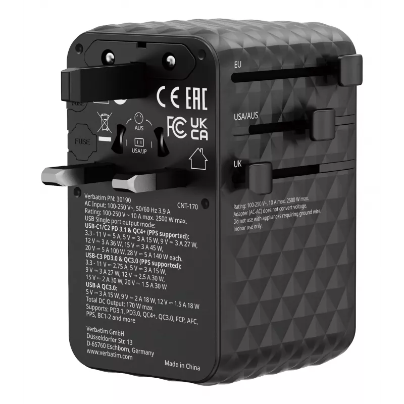 Verbatim Charge 'n' Travel 170W Uniwersalny adapter podróżny Czarny