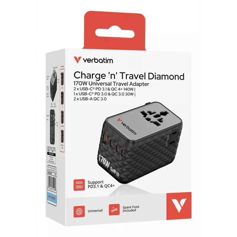 Verbatim Charge 'n' Travel 170W Uniwersalny adapter podróżny Czarny
