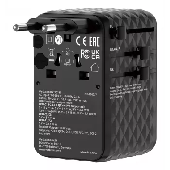 Verbatim Charge 'n' Travel 100W uniwersalny zasilacz sieciowy z wysuwanym kablem Czarny