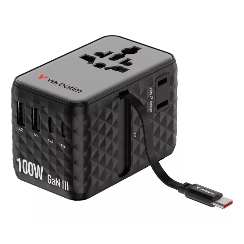 Verbatim Charge 'n' Travel 100W uniwersalny zasilacz sieciowy z wysuwanym kablem Czarny