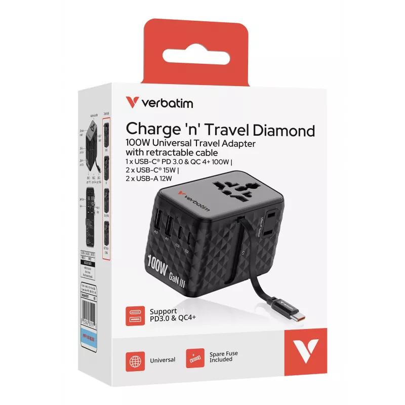 Verbatim Charge 'n' Travel 100W uniwersalny zasilacz sieciowy z wysuwanym kablem Czarny