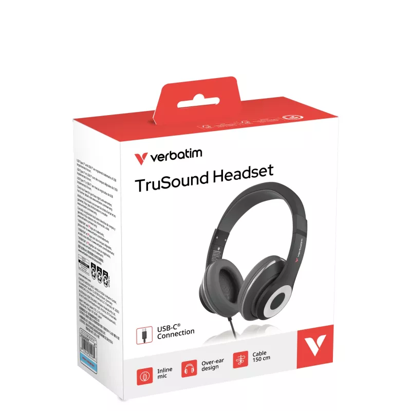 Verbatim TruSound USB-C Headset, Wired, Music/Everyday, 20 - 20000 Hz, 200.9 g, Headset, Czarny