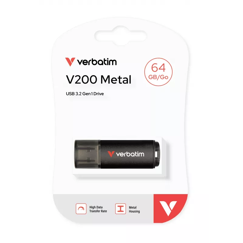 Verbatim V200 Metal USB Drive 64GB, 64 GB, USB Type-A, 3.2 Gen 1 (3.1 Gen 1), 200 MB/s, Nakładka, Czarny