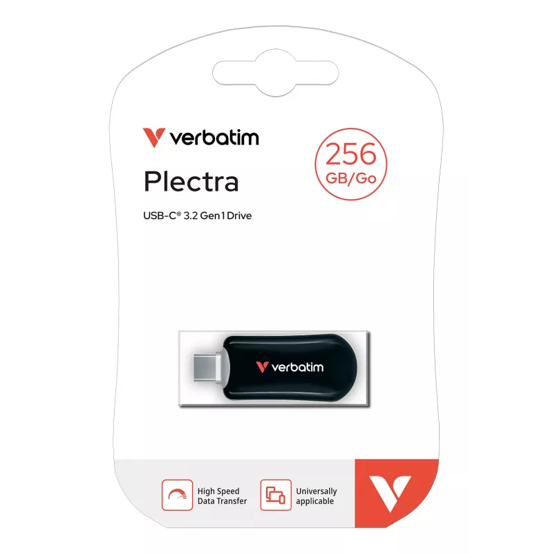 Verbatim Plectra USB-C Flash Drive Czarny 256GB, 256 GB, USB Typu-C, 3.2 Gen 1 (3.1 Gen 1), 100 MB/s, Bez nasadki, Czarny