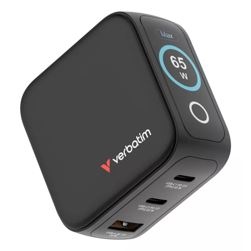 Verbatim Mini GaN Charger 65W z Wyświetlaczem, Indoor, AC, 20 V, Czarny