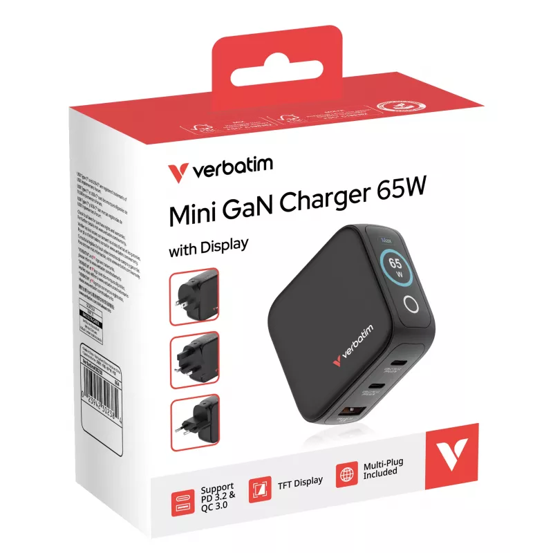 Verbatim Mini GaN Charger 65W z Wyświetlaczem, Indoor, AC, 20 V, Czarny