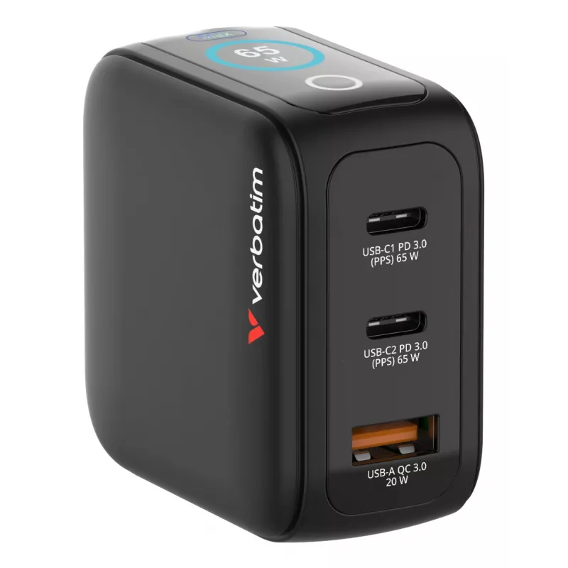 Verbatim Mini GaN Charger 65W z Wyświetlaczem, Indoor, AC, 20 V, Czarny