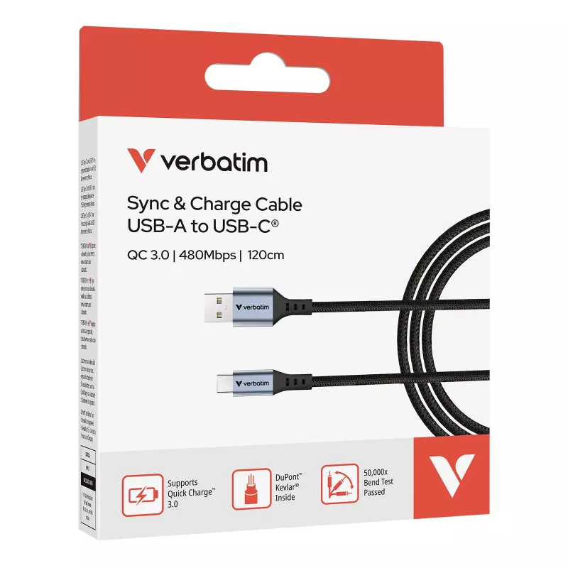 Kabel Verbatim Sync & Charge USB-A – USB-C 120 cm, 1,2 m, USB A, USB C, USB 2.0, 0,48 Gbit/s, czarny