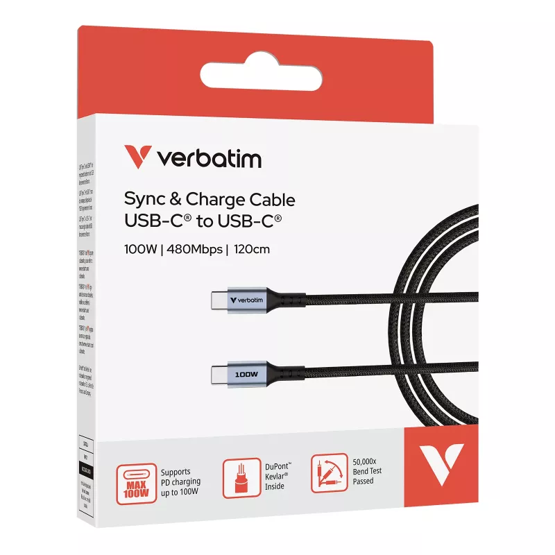 Kabel Verbatim Sync & Charge – USB-C do USB-C 100 W, 120 cm, 1,2 m, USB-C, USB-C, USB 2.0, 0,48 Gbit/s, czarny