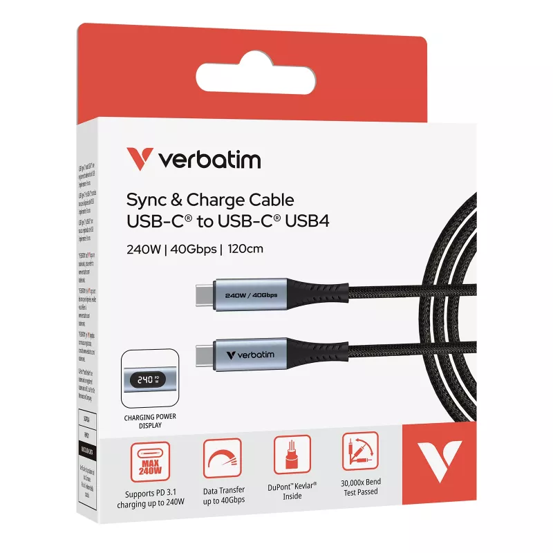 Verbatim Sync & Charge USB C do USB C 240W 40 Gbps Wyświetlacz 120 cm