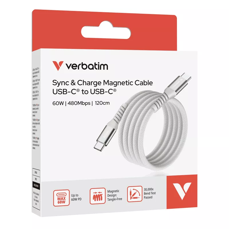 Verbatim Sync & Charge Magnetic kabel - Kabel magnetyczny USB-C do USB-C 60W 120 cm szary