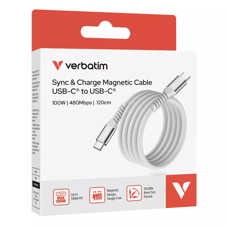 Kabel magnetyczny Verbatim Sync & Charge - 100 W USB-C na USB-C 120 cm szary