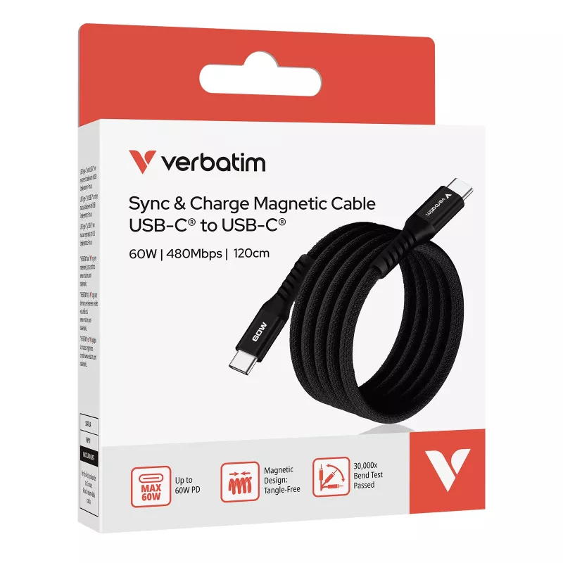 Kabel magnetyczny Verbatim Sync & Charge - 60W USB-C do USB-C 120 cm czarny