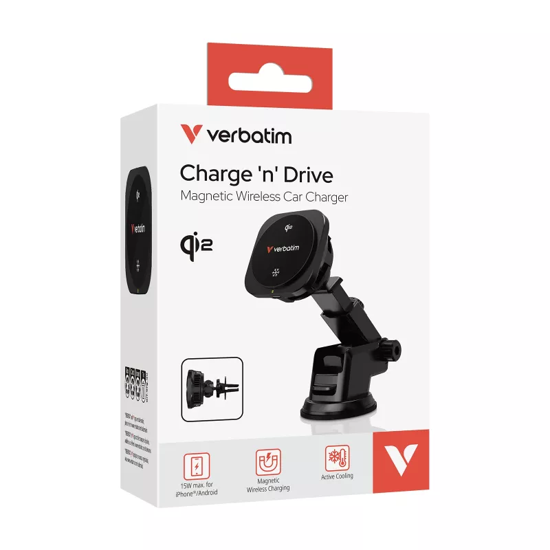 Verbatim Charge 'n' Drive Qi2 Magnetyczna bezprzewodowa ładowarka samochodowa, Auto, USB, Ładowanie bezprzewodowe, 1 m, Czarny