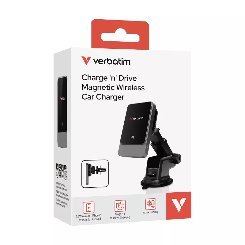 Verbatim Charge 'n' Drive Magnetyczna bezprzewodowa ładowarka samochodowa, Auto, USB, Ładowanie bezprzewodowe, 1 m, czarna