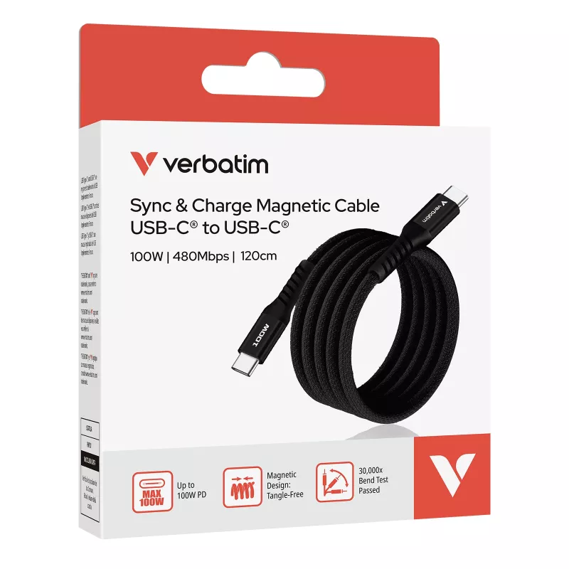 Kabel magnetyczny Verbatim Sync & Charge – 100 W USB-C na USB-C 120 cm czarny