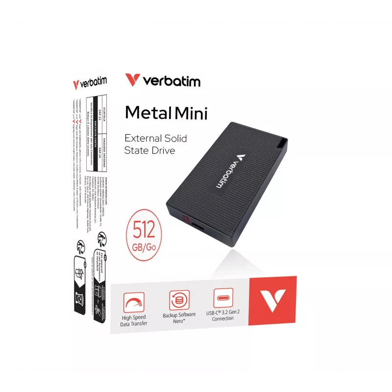 Verbatim Metal Mini SSD USB-C 3.Gen 2 512 GB, 512 GB, USB Type-C, USB 3.2 Gen 2x2, 2000 MB/s, 10 Gbit/s, szary