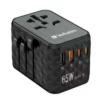 Verbatim UTA-05 65W GaN III uniwersalna ładowarka podróżna z 2 portami USB-C PD i QC 4+ oraz 2 portami USB-A