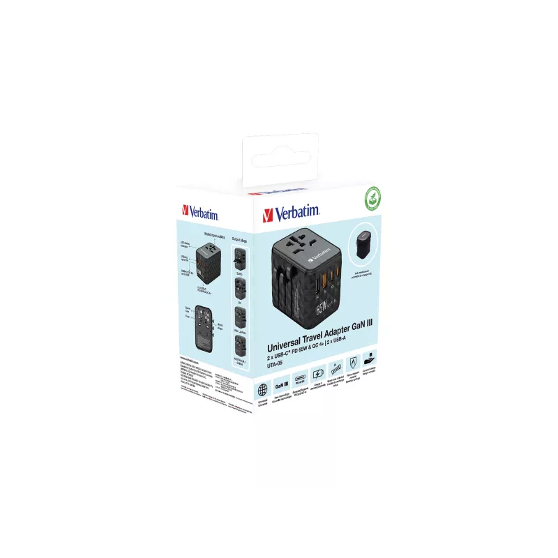 Verbatim UTA-05 65W GaN III uniwersalna ładowarka podróżna z 2 portami USB-C PD i QC 4+ oraz 2 portami USB-A