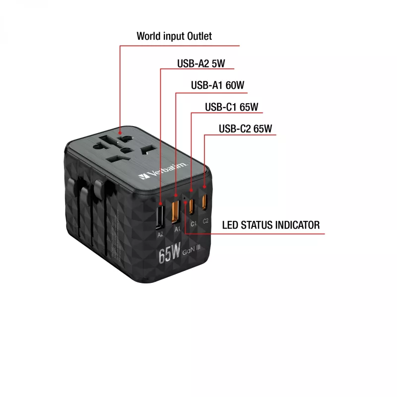 Verbatim UTA-05 65W GaN III uniwersalna ładowarka podróżna z 2 portami USB-C PD i QC 4+ oraz 2 portami USB-A