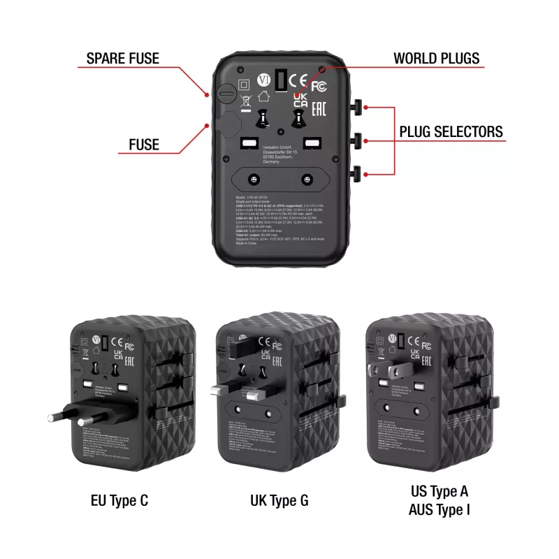 Verbatim UTA-05 65W GaN III uniwersalna ładowarka podróżna z 2 portami USB-C PD i QC 4+ oraz 2 portami USB-A