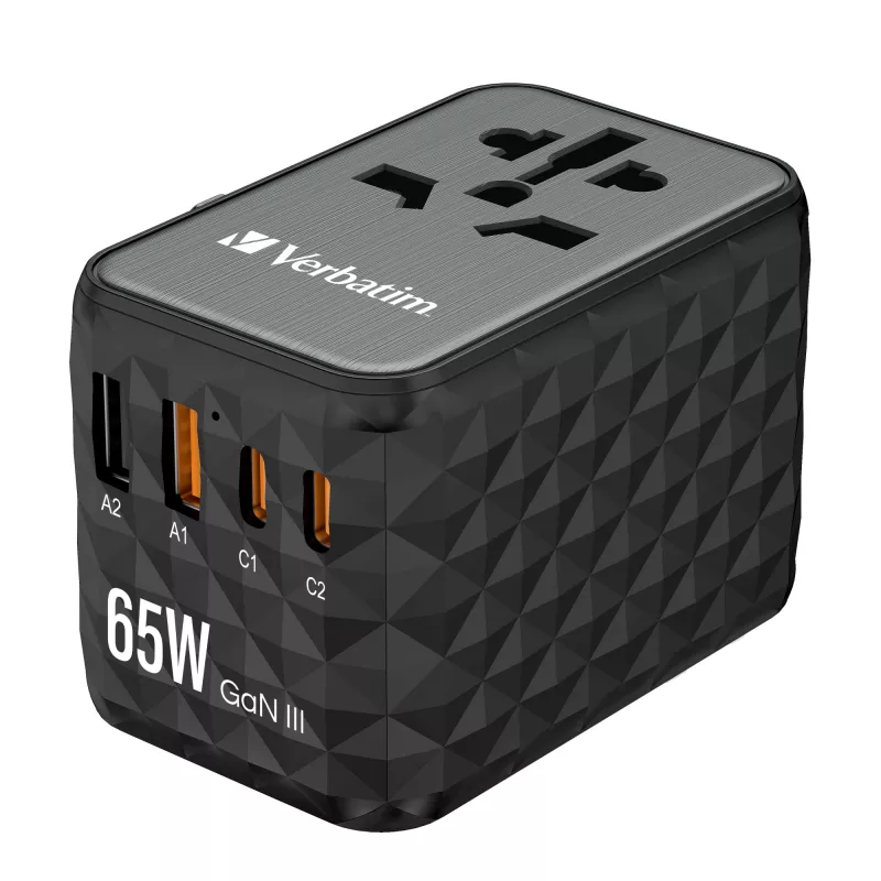 Verbatim UTA-05 65W GaN III uniwersalna ładowarka podróżna z 2 portami USB-C PD i QC 4+ oraz 2 portami USB-A