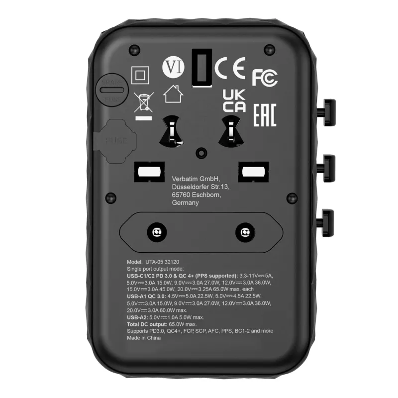 Verbatim UTA-05 65W GaN III uniwersalna ładowarka podróżna z 2 portami USB-C PD i QC 4+ oraz 2 portami USB-A