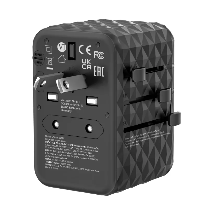 Verbatim UTA-05 65W GaN III uniwersalna ładowarka podróżna z 2 portami USB-C PD i QC 4+ oraz 2 portami USB-A