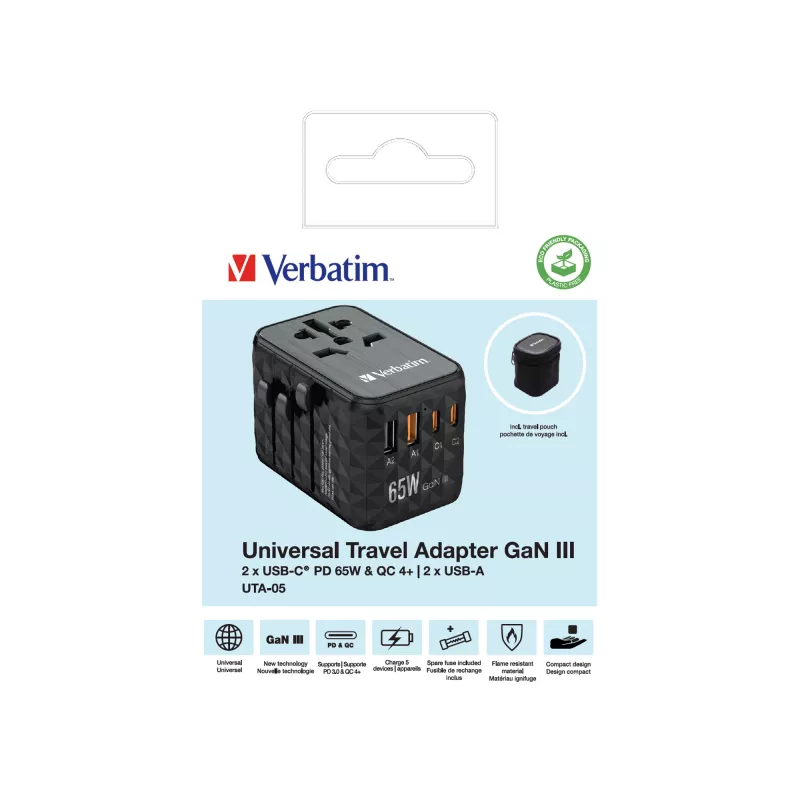 Verbatim UTA-05 65W GaN III uniwersalna ładowarka podróżna z 2 portami USB-C PD i QC 4+ oraz 2 portami USB-A