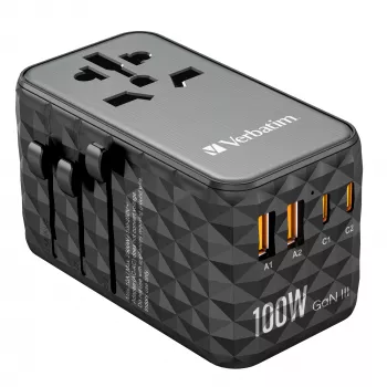 Verbatim UTA-06 100W GaN III Uniwersalny adapter podróżny z 2 portami USB-C PD i QC 4+ oraz 2 portami USB-A QC 3.0