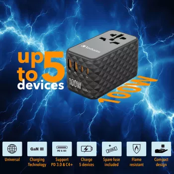 Verbatim UTA-06 100W GaN III Uniwersalny adapter podróżny z 2 portami USB-C PD i QC 4+ oraz 2 portami USB-A QC 3.0