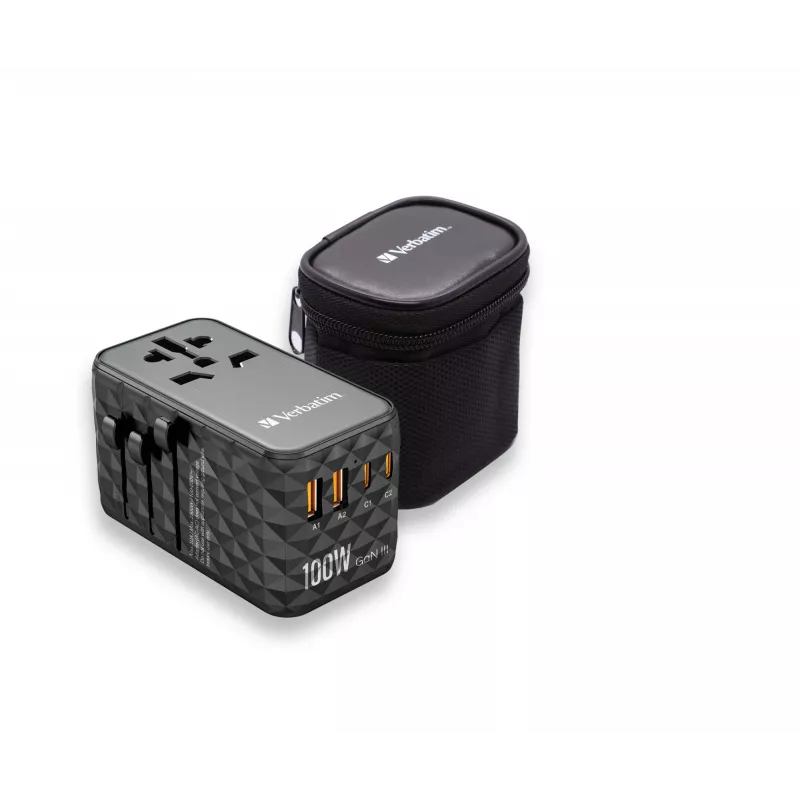 Verbatim UTA-06 100W GaN III Uniwersalny adapter podróżny z 2 portami USB-C PD i QC 4+ oraz 2 portami USB-A QC 3.0