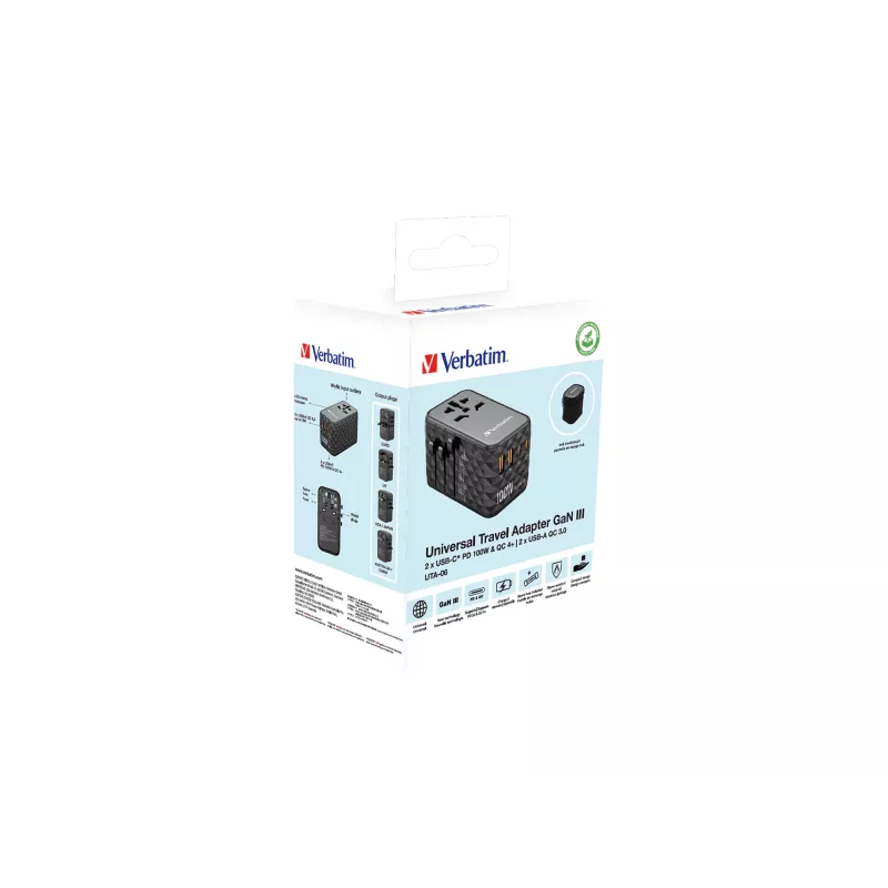 Verbatim UTA-06 100W GaN III Uniwersalny adapter podróżny z 2 portami USB-C PD i QC 4+ oraz 2 portami USB-A QC 3.0