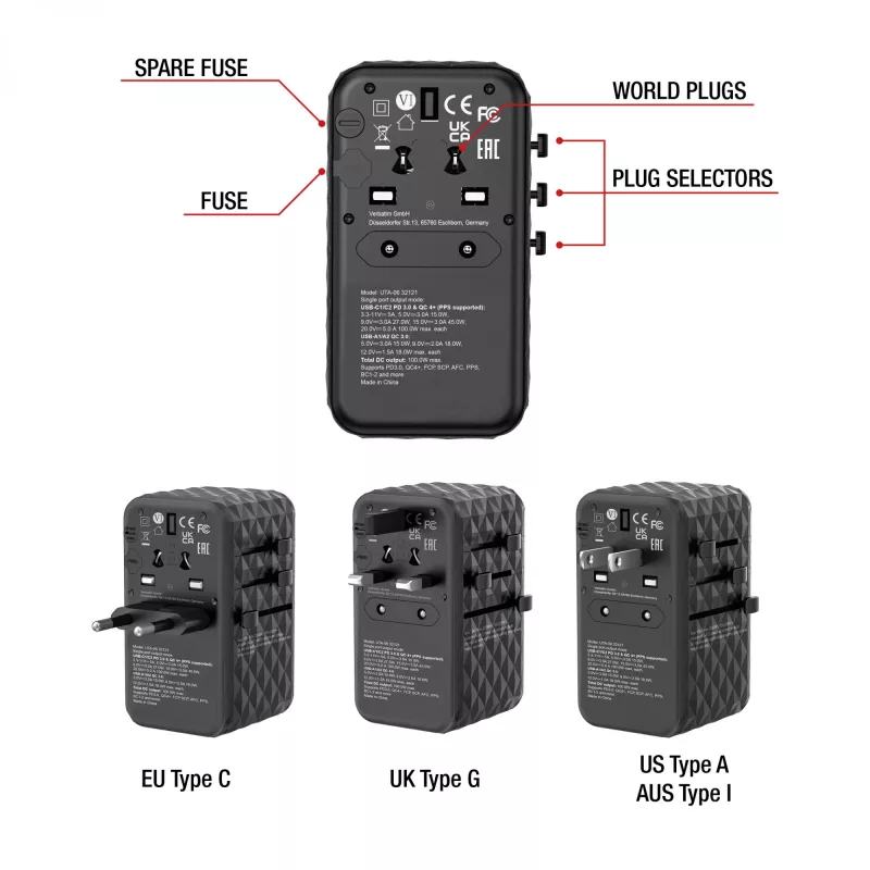 Verbatim UTA-06 100W GaN III Uniwersalny adapter podróżny z 2 portami USB-C PD i QC 4+ oraz 2 portami USB-A QC 3.0