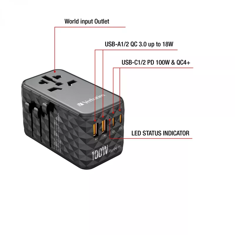 Verbatim UTA-06 100W GaN III Uniwersalny adapter podróżny z 2 portami USB-C PD i QC 4+ oraz 2 portami USB-A QC 3.0