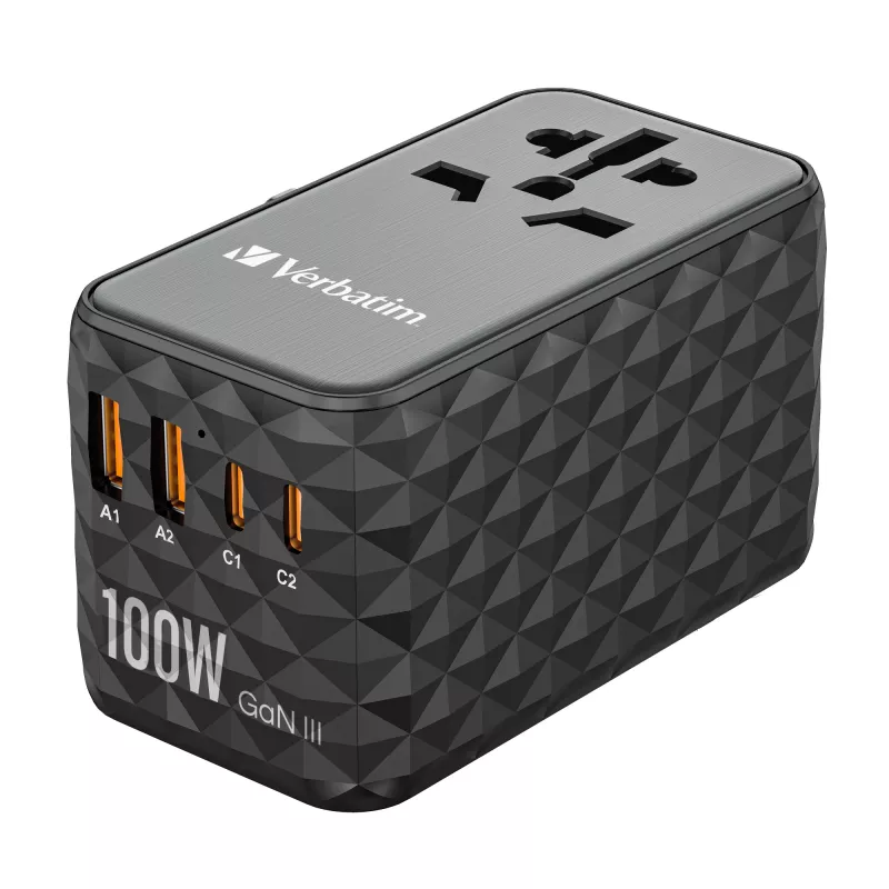 Verbatim UTA-06 100W GaN III Uniwersalny adapter podróżny z 2 portami USB-C PD i QC 4+ oraz 2 portami USB-A QC 3.0