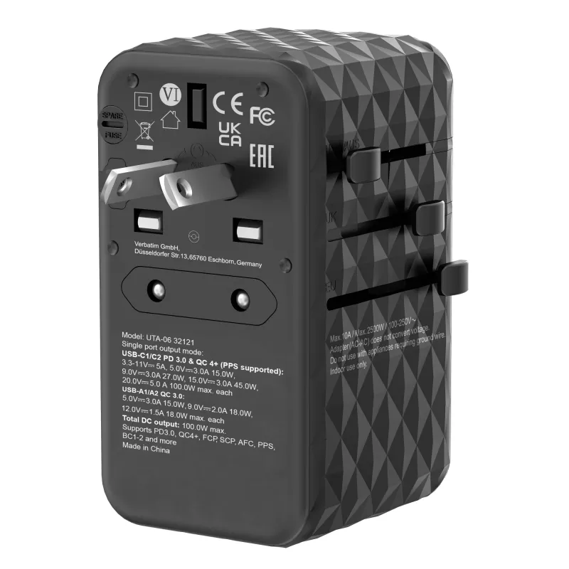 Verbatim UTA-06 100W GaN III Uniwersalny adapter podróżny z 2 portami USB-C PD i QC 4+ oraz 2 portami USB-A QC 3.0