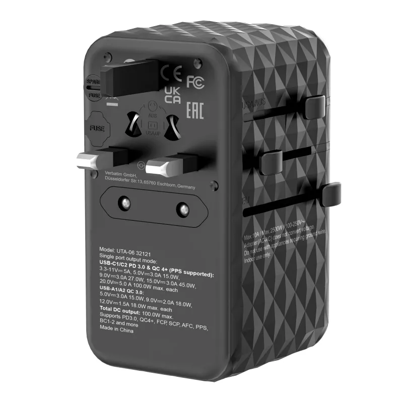 Verbatim UTA-06 100W GaN III Uniwersalny adapter podróżny z 2 portami USB-C PD i QC 4+ oraz 2 portami USB-A QC 3.0