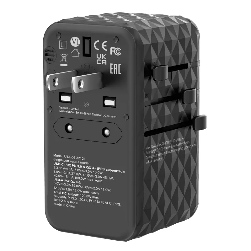 Verbatim UTA-06 100W GaN III Uniwersalny adapter podróżny z 2 portami USB-C PD i QC 4+ oraz 2 portami USB-A QC 3.0