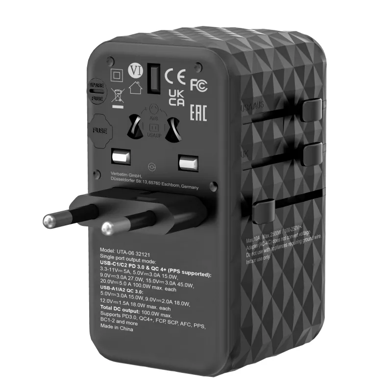 Verbatim UTA-06 100W GaN III Uniwersalny adapter podróżny z 2 portami USB-C PD i QC 4+ oraz 2 portami USB-A QC 3.0