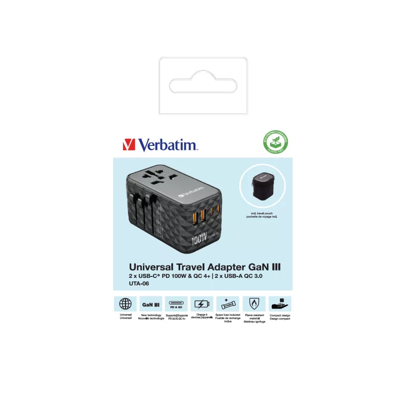 Verbatim UTA-06 100W GaN III Uniwersalny adapter podróżny z 2 portami USB-C PD i QC 4+ oraz 2 portami USB-A QC 3.0