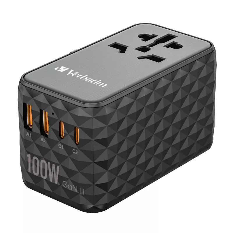 Verbatim UTA-06 100W GaN III Uniwersalny adapter podróżny z 2 portami USB-C PD i QC 4+ oraz 2 portami USB-A QC 3.0