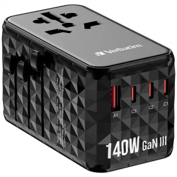 Verbatim UTA-10 140W GaN III Uniwersalny adapter podróżny z 2 portami USB-C PD 3.1 i QC 4+, 1 portem USB-C PD 3.0 i 1 portem USB-A QC 3.0