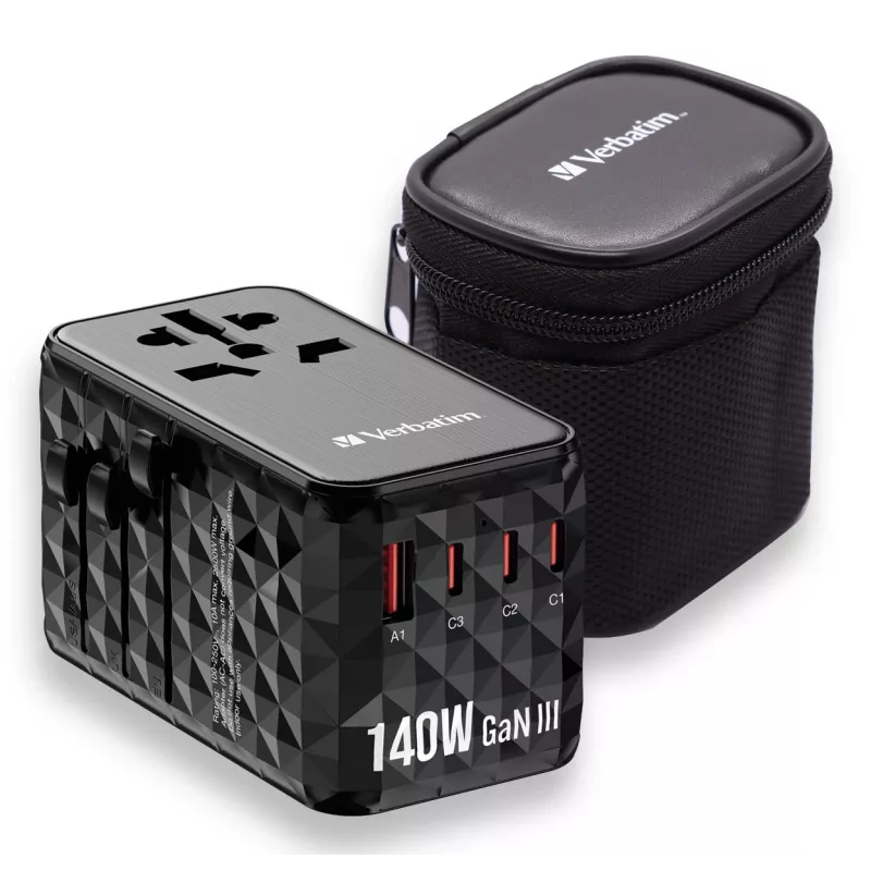 Verbatim UTA-10 140W GaN III Uniwersalny adapter podróżny z 2 portami USB-C PD 3.1 i QC 4+, 1 portem USB-C PD 3.0 i 1 portem USB-A QC 3.0