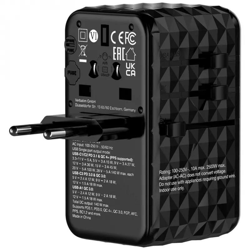 Verbatim UTA-10 140W GaN III Uniwersalny adapter podróżny z 2 portami USB-C PD 3.1 i QC 4+, 1 portem USB-C PD 3.0 i 1 portem USB-A QC 3.0