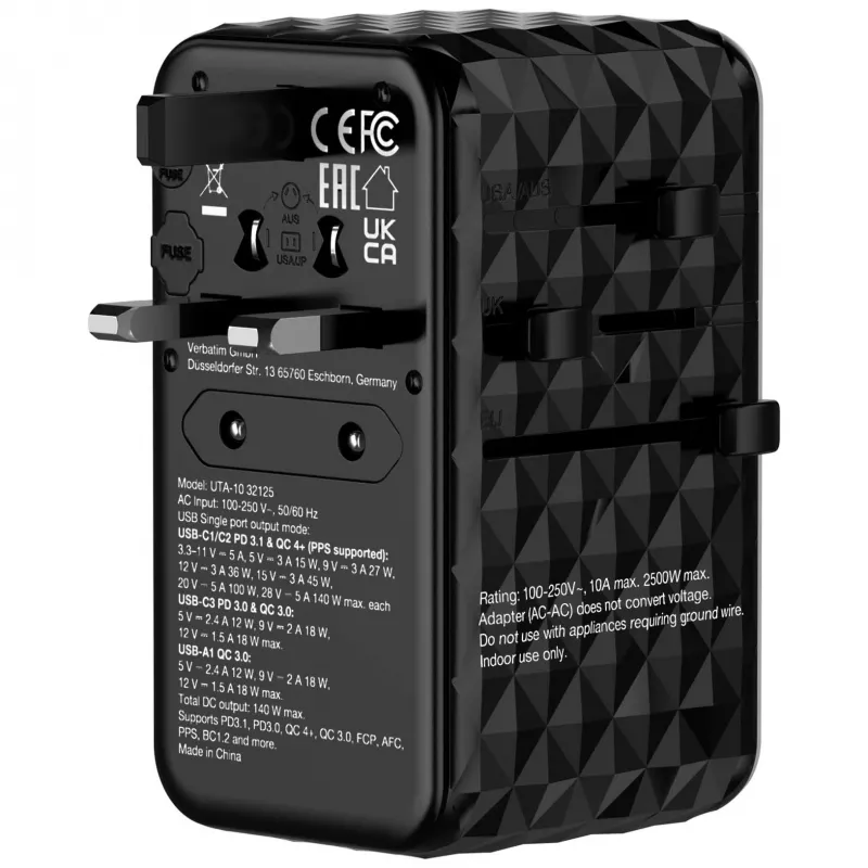 Verbatim UTA-10 140W GaN III Uniwersalny adapter podróżny z 2 portami USB-C PD 3.1 i QC 4+, 1 portem USB-C PD 3.0 i 1 portem USB-A QC 3.0