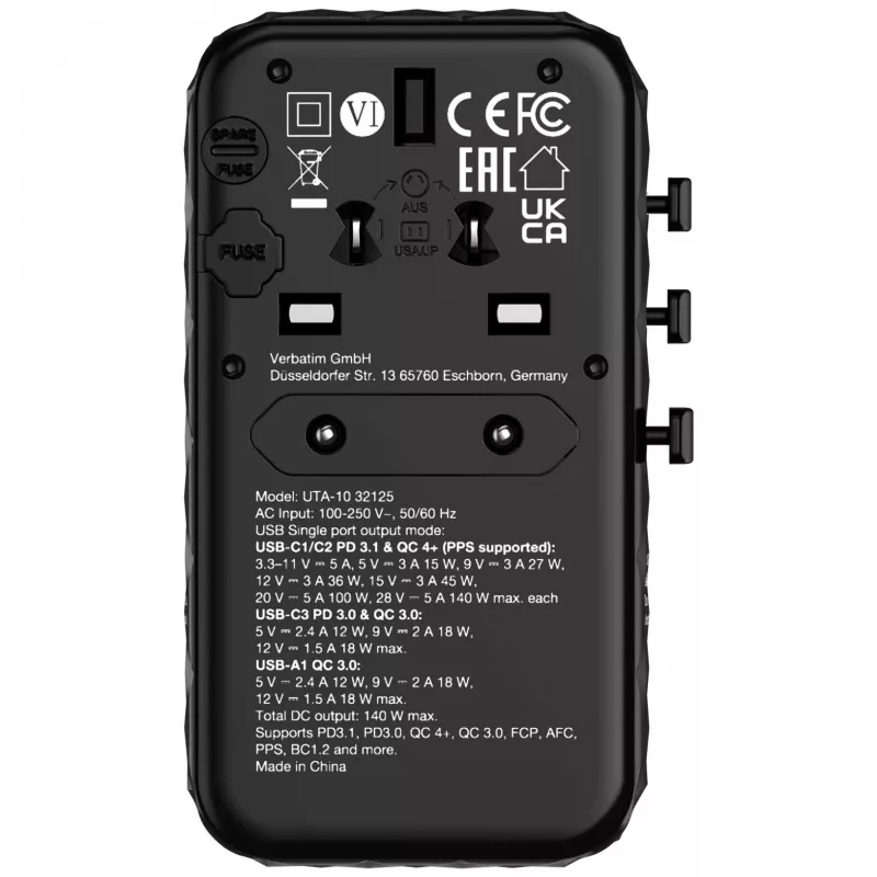 Verbatim UTA-10 140W GaN III Uniwersalny adapter podróżny z 2 portami USB-C PD 3.1 i QC 4+, 1 portem USB-C PD 3.0 i 1 portem USB-A QC 3.0