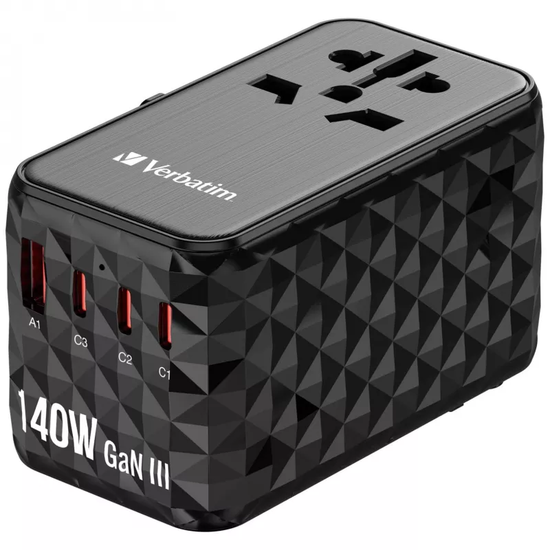 Verbatim UTA-10 140W GaN III Uniwersalny adapter podróżny z 2 portami USB-C PD 3.1 i QC 4+, 1 portem USB-C PD 3.0 i 1 portem USB-A QC 3.0